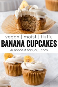 These vegan banana cupcakes are fluffy and moist, you would never guess they were vegan! With simple ingredients, these easy banana cupcakes are the best! #banancupcakes #vegancupcakes #vegandessert #fluffycake #moistcake #bananadessert