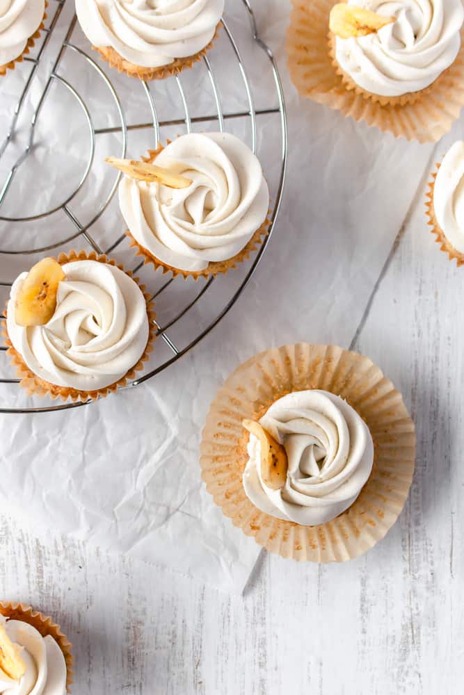 Banana cupcakes on a wire rack