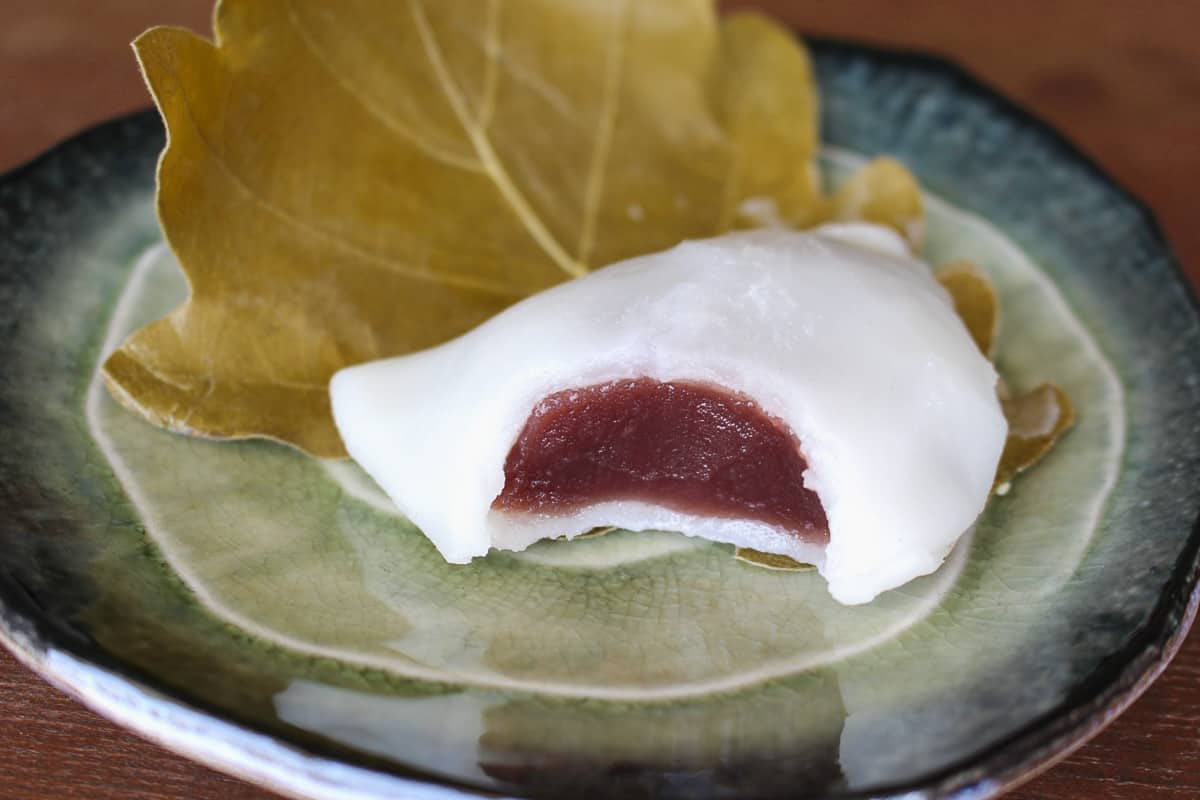 Kashiwa mochi with a bite taken out on top of the kashiwa oak leaf on a blue plate.