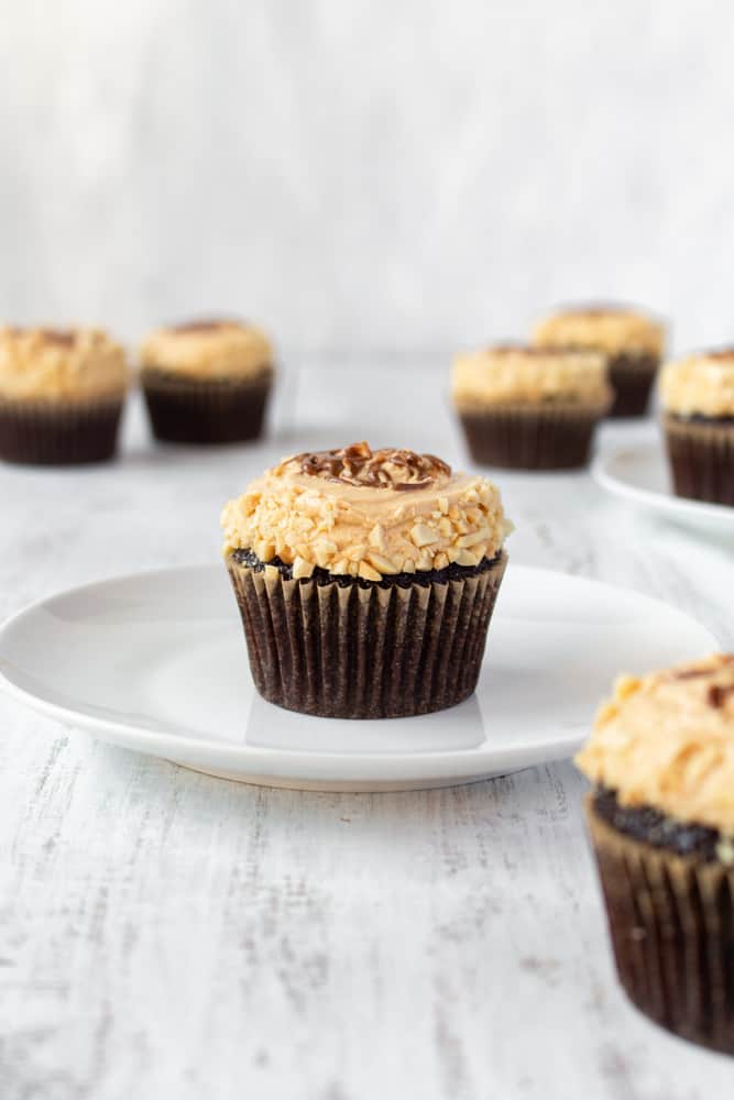 Rich, dark, and moist chocolate cupcakes topped with fluffy, creamy, and smooth peanut butter frosting. Simple yet irresistibly delicious! #chocolatecupcakes #peanutbutterfrosting #saltedpeanuts #fathersday #fathersdaydessert