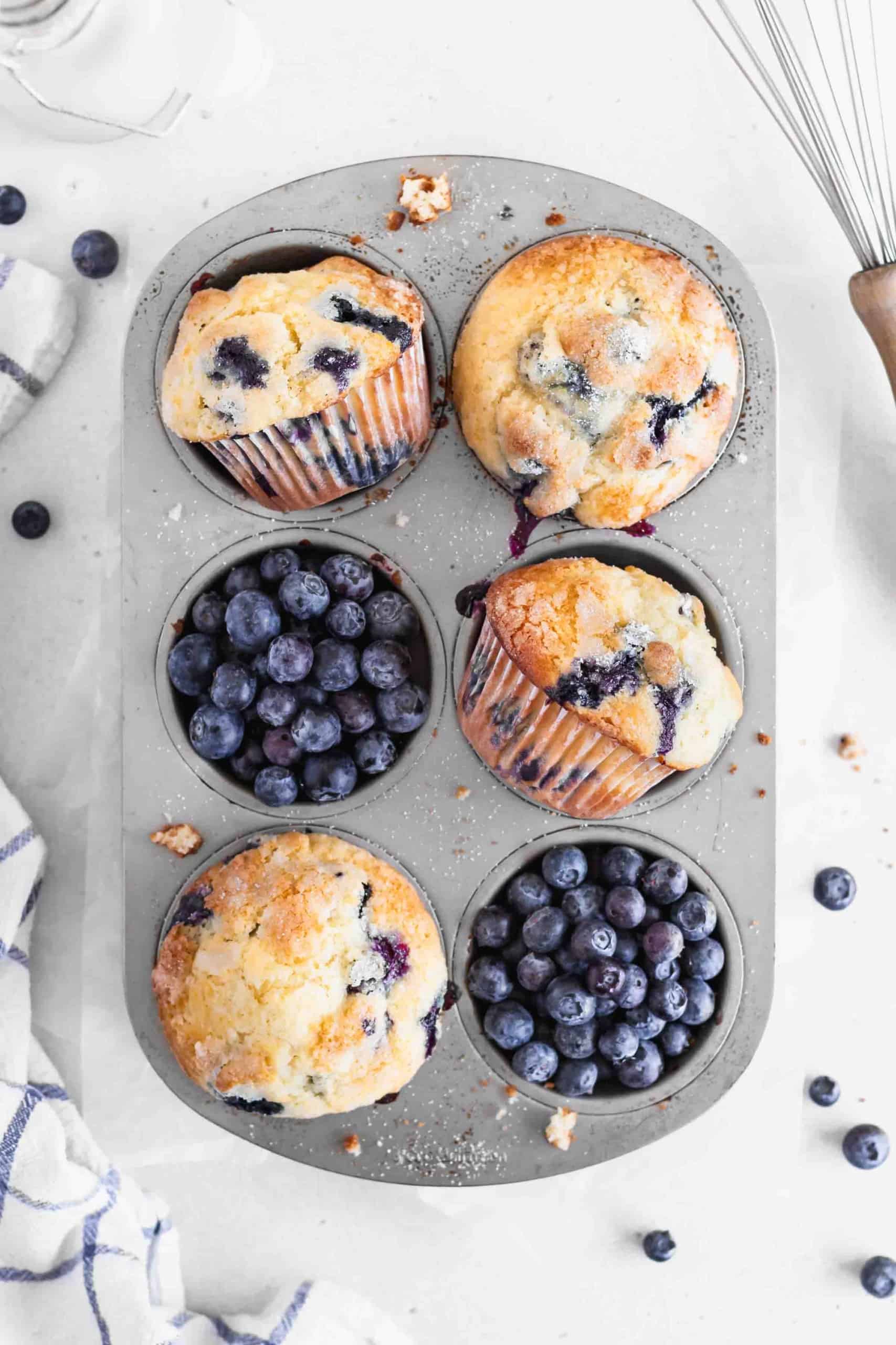 Blueberry muffins and fresh blueberries in a muffin pan