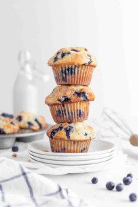 Blueberry muffins stacked on a plate