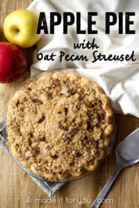 Flaky crust filled with deliciously spiced apples and topped with a crunchy streusel. This apple pie with oat pecan streusel might be my new favorite pie! #applepie #oatstreusel #pecans #singlecrust #flaky #piecrust #butter #apples #thanksgiving #christmas #holiday #fall #autumn #winter #dessert #recipe