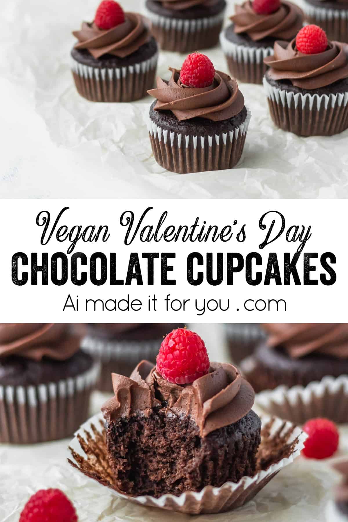 These vegan chocolate banana cupcakes are delicious and moist! Topped with creamy vegan chocolate buttercream and fresh raspberries! #chocolatecupcakes #bananacupcakes #valentinesdaydessert #veganvalentinesday #vegancupcakes