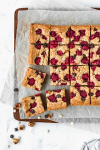 Raspberry hazelnut blondies with semisweet chocolate chips and white chocolate chips