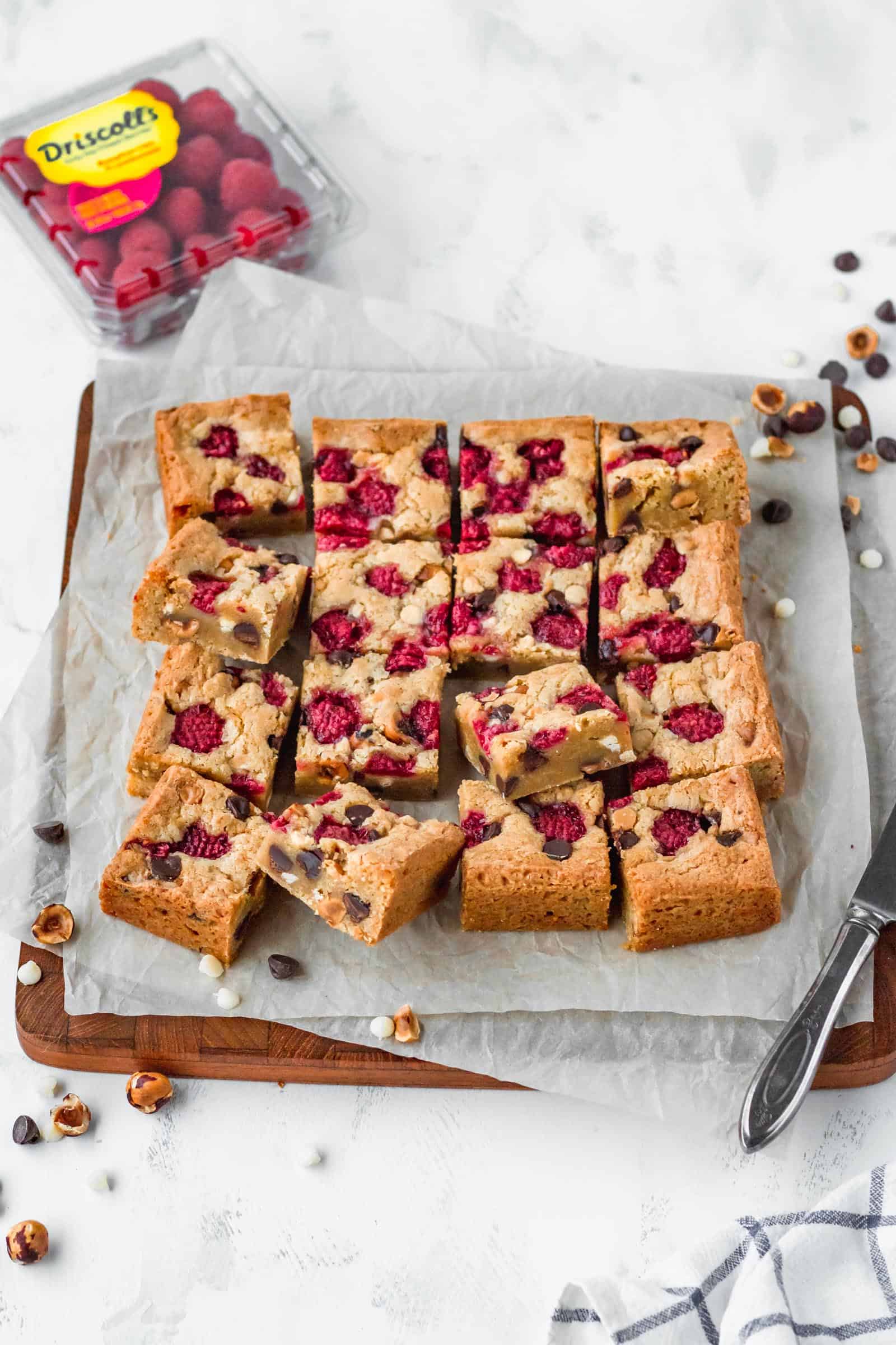 Raspberry hazelnut blondies with semisweet chocolate chips and white chocolate chips