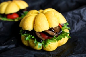 These fluffy pumpkin buns are the perfect base for shiitake BLT sandwiches! If you love shiitake mushrooms, these are a must make! #vegetarian #sandwiches #shiitake #mushrooms #blt #pumpkin #bread #buns #halloween #fall #thanksgiving