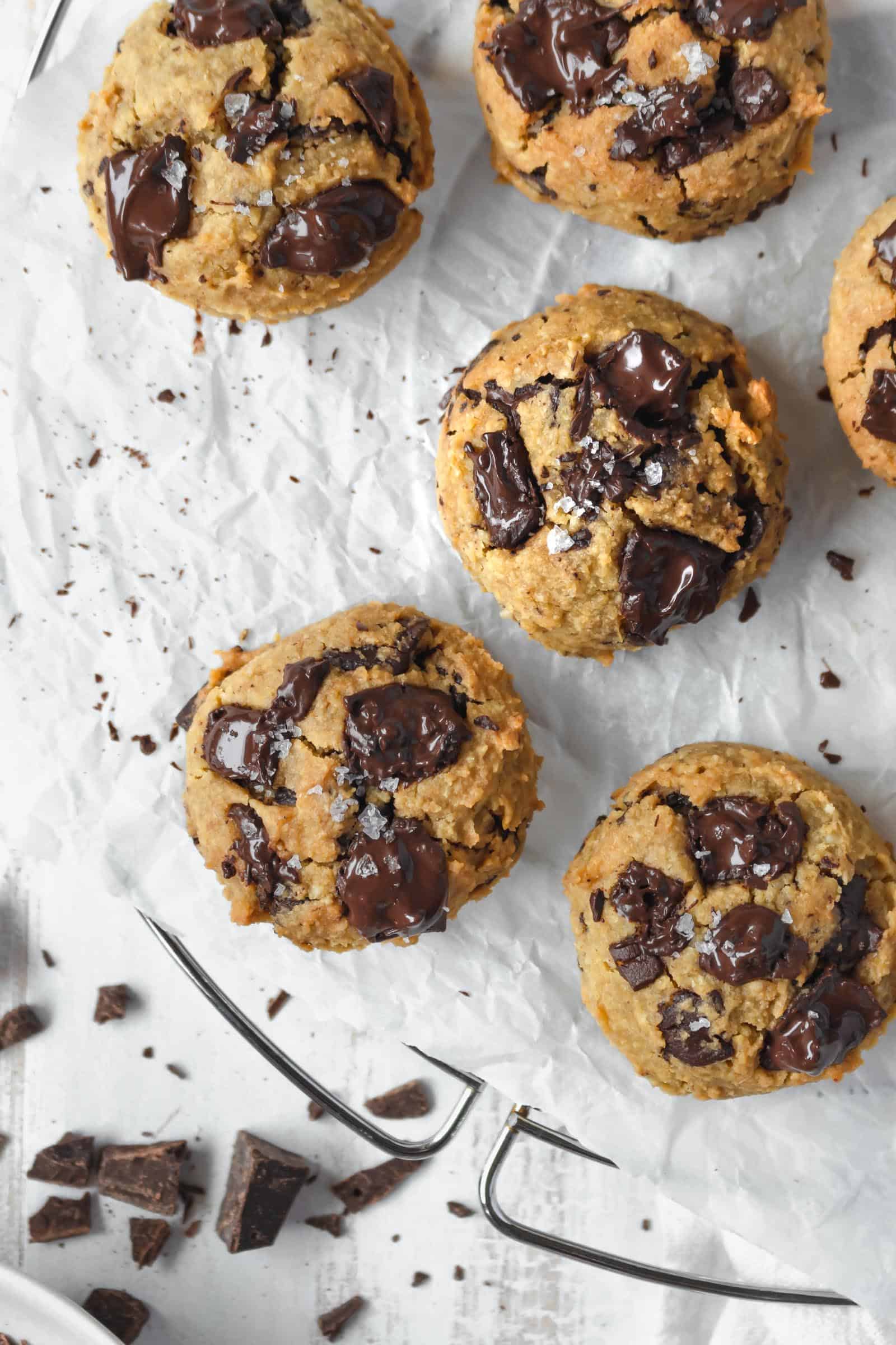 These chickpea chocolate chip cookies are easy, delicious, vegan, and gluten-free! You won't be able to tell they're healthier than the classic cookie! #chickpeacookies #chocolatechipcookies #glutenfreecookies #vegancookies #veganglutenfre