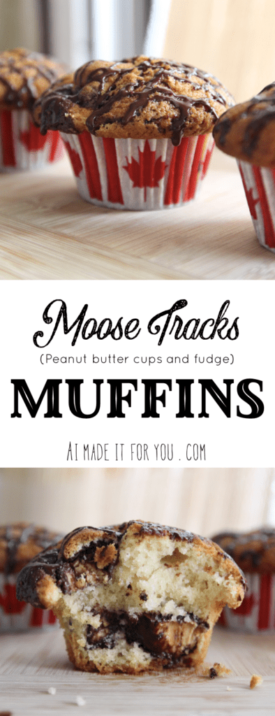 These peanut butter cup muffins, or "Moose Tracks" muffins, are the perfect treats for breakfast on the weekends!