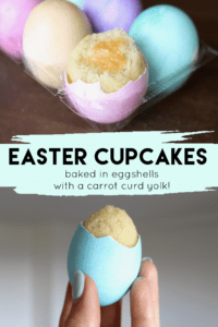 Easter cupcakes baked in eggshells! There's a surprise yolk inside made from carrot curd. #easter #cupcakes