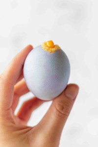 Hand holding a dyed eggshell with a vanilla cake baked inside