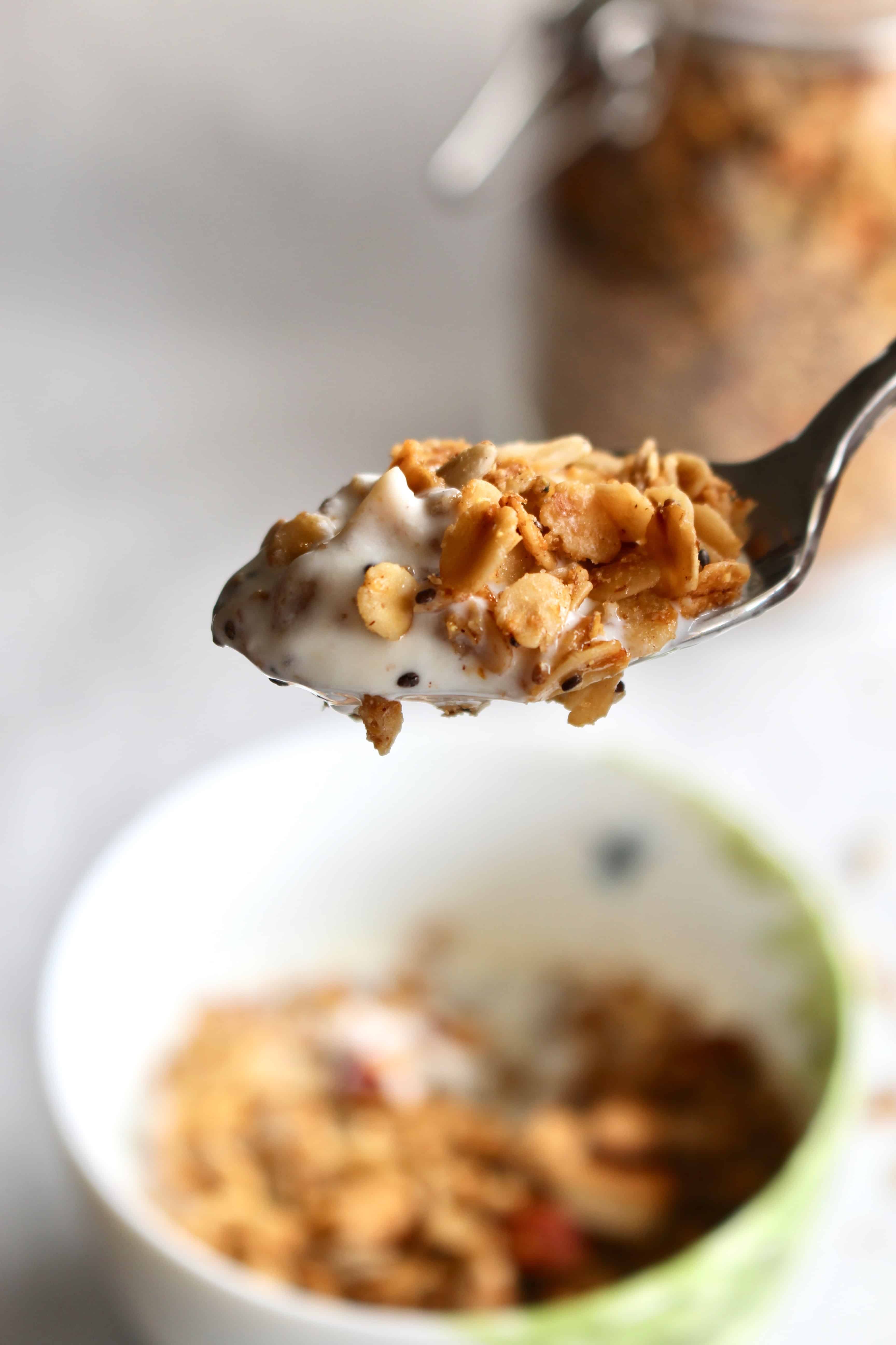 A spoonful of homemade granola and yogurt.