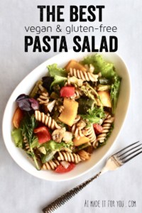 Easy pasta salad for summer picnics and barbecues! It’s vegan and gluten-free, but you won’t be missing the meat! #pasta #pastasalad #fusilli #roastedveggies #veggies #salad #bbq #barbecue #picnic #potluck #spring #summer #fathersday #fourthofjuly