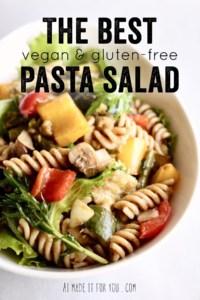 Easy pasta salad for summer picnics and barbecues! It’s vegan and gluten-free, but you won’t be missing the meat! #pasta #pastasalad #fusilli #roastedveggies #veggies #salad #bbq #barbecue #picnic #potluck #spring #summer #fathersday #fourthofjuly #vegan #vegetarian #glutenfree #healthyeats #healthyfood