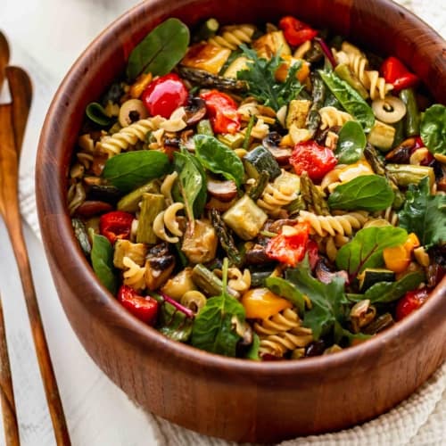 A wooden bowl of easy pasta salad