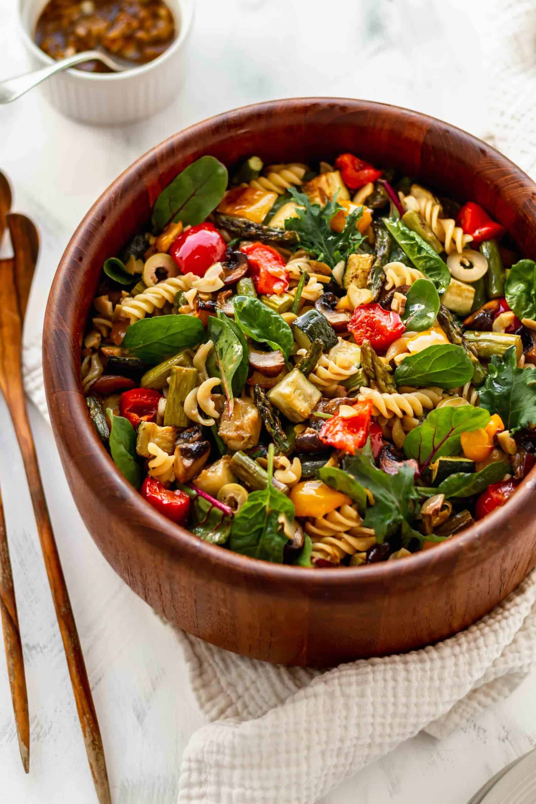 A wooden bowl of easy pasta salad