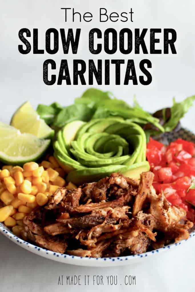 This is THE BEST slow cooker carnitas! So easy to make, yet so tender, crispy, and full of flavor! Cinco de Mayo or not, you have got to make these!! #carnitas #slowcooker #crockpot #pulledpork #porkshoulder #porkbutt #mexican #mexico #orange #garlic #onions #spices #cilantro #lime #avocado #tacos #arepas #salad #ricebowl #pasta