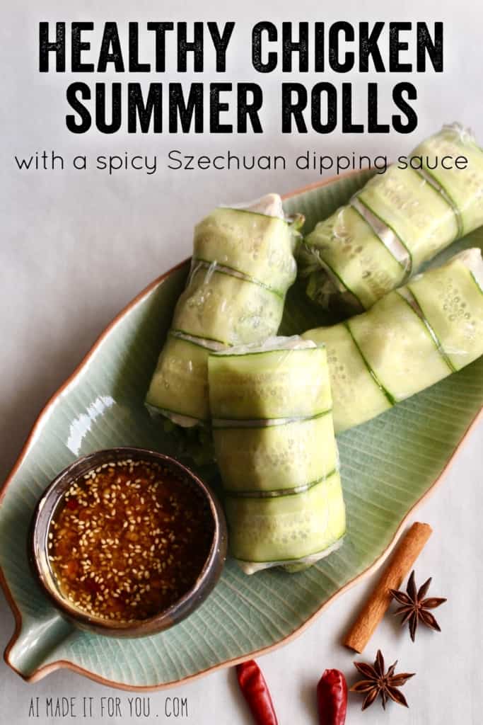 Need a fresh and light appetizer? These spicy chicken summer rolls are perfect! Moist and flavorful chicken is wrapped in rice paper with lettuce and cucumber, served with a spicy Szechuan dipping sauce! #summerrolls #springrolls #ricepaper #chicken #chickenthigh #chinese #szechuan #spicy #healthy #lettucewraps #appetizer #fresh #light #partyfood #asian