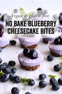 No Bake Blueberry Cheesecake Bites - They’re rich, creamy, and delicious, but dairy free and gluten free! Guilt free too! And when the filling comes together in a blender, you really can’t complain! #vegan #vegancheesecake #cheesecakebites #blueberry #blueberrycheesecake #minidessert #dessert #frozendessert #tart #cashew #coconutyogurt #coconut #hotforfood