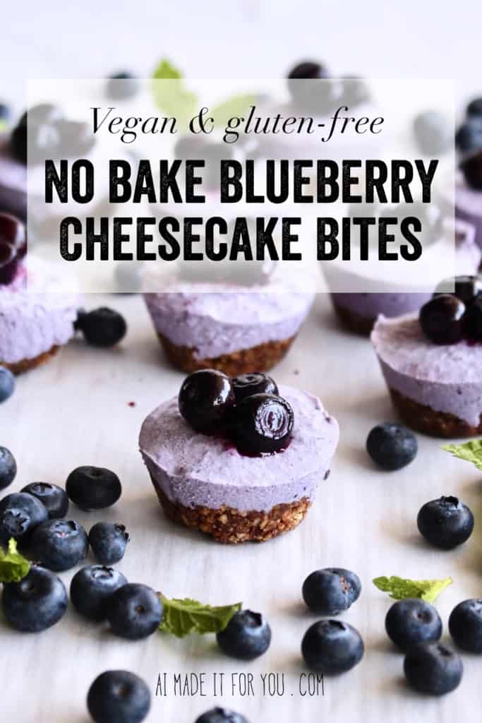 No Bake Blueberry Cheesecake Bites - They’re rich, creamy, and delicious, but dairy free and gluten free! Guilt free too! And when the filling comes together in a blender, you really can’t complain! #vegan #vegancheesecake #cheesecakebites #blueberry #blueberrycheesecake #minidessert #dessert #frozendessert #tart #cashew #coconutyogurt #coconut #hotforfood