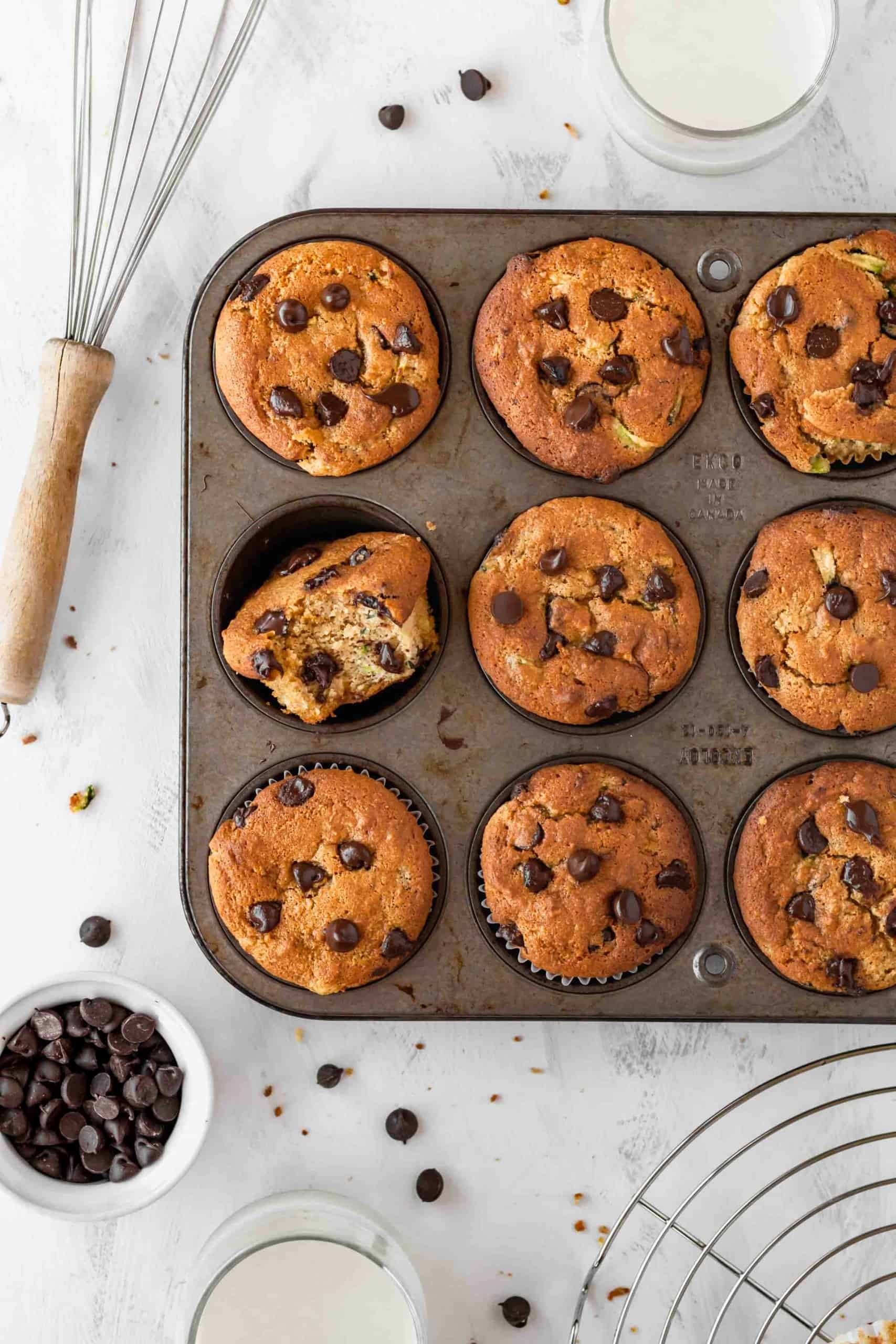 Gluten free zucchini muffins with chocolate chips in a muffin pan