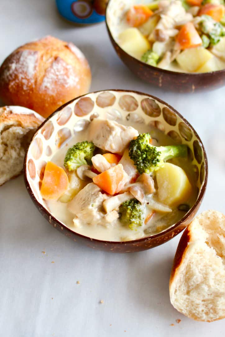 Vegan Japanese cream stew is the perfect dish to nourish your soul with comfort food this fall and winter! You’ll also be nourishing your body because it’s full of vegetables! I’ve swapped out the chicken for Nature’s Charm young green jackfruit, and the milk with Chef’s Choice coconut milk! #vegan #ChefsChoice #coconutmilk #NaturesCharm #jackfruit #jackfruitrecipe #veganrecipe #glutenfree #Japanese #creamstew #potatoes #carrots #onion #broccoli #fall #recipe #dinner #comfortfood #winter #creamy #dairyfree #meatfree #stew #creamsoup #vegetablestew