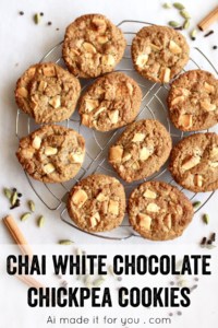 Chai white chocolate chip chickpea cookies bring fall in your mouth the second you bite into them! The warm chai spice pairs so well with the creamy white chocolate and nutty brown butter. Vegetarian and gluten-free, these soft baked cookies are perfect for the fall and winter months! #fall #winter #chai #masalachai #chaitea #chaispice #whitechocolate #chocolate #chocolatechips #cookies #chickpeacookies #chickpeas #garbanzo #beans #vegetarian #glutenfree #oats #brownbutter