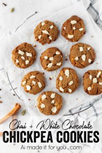 Chai white chocolate chip cookies bring fall in your mouth! These gluten free soft-baked cookies are perfect for fall and winter! #chaispice #chaitea #chaicookies #whitechocolate #glutenfreecookies #chickpeacookies