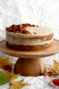 I made this sweet potato cake with maple cashew frosting for my birthday! It’s a spiced cake with a vegan maple frosting that doesn’t use powdered sugar! More cake than frosting and not too sweet - just how I like it. Perfect for for a fall birthday, and a great substitute for pie for Thanksgiving and Christmas! #sweetpotato #cake #layeredcake #maplefrosting #veganfrosting #dairyfree #glutenfree #thanksgiving #christmas #dessert #birthdaycake