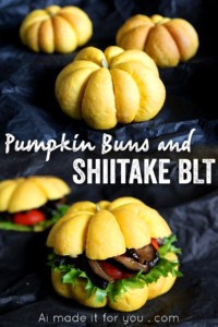 These fluffy pumpkin buns are the perfect base for shiitake BLT sandwiches! If you love shiitake mushrooms, these are a must make! #vegetarian #sandwiches #shiitake #mushrooms #blt #pumpkin #bread #buns #halloween #fall #thanksgiving