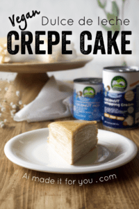 Coconut whipped cream sandwiched between layers of delicious crêpes, then topped with rich homemade dulce de leche! Whether you call it gâteau de crêpes, mille crêpe, or crepe cake, this is a beautiful and impressive dessert! #french #crepecake #crepes #pancakes #gateau #millecrepe #dulcedeleche #coconut #dairyfree #condensedmilk #caramel #cake