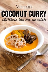 Vegan coconut curry is creamy, spicy, and is sure to keep you warm this winter! Full of vegetables, it’s so much better tasting, and better for you, than takeout! #vegan #coconutmilk #coconutcurry #curry #indiancurry #thaicurry #winter #rootvegetables #vegetables #delicious #comfortfood #recipe #spicy #creamy #glutenfree #lotusroot #kabocha #maitake #mushrooms