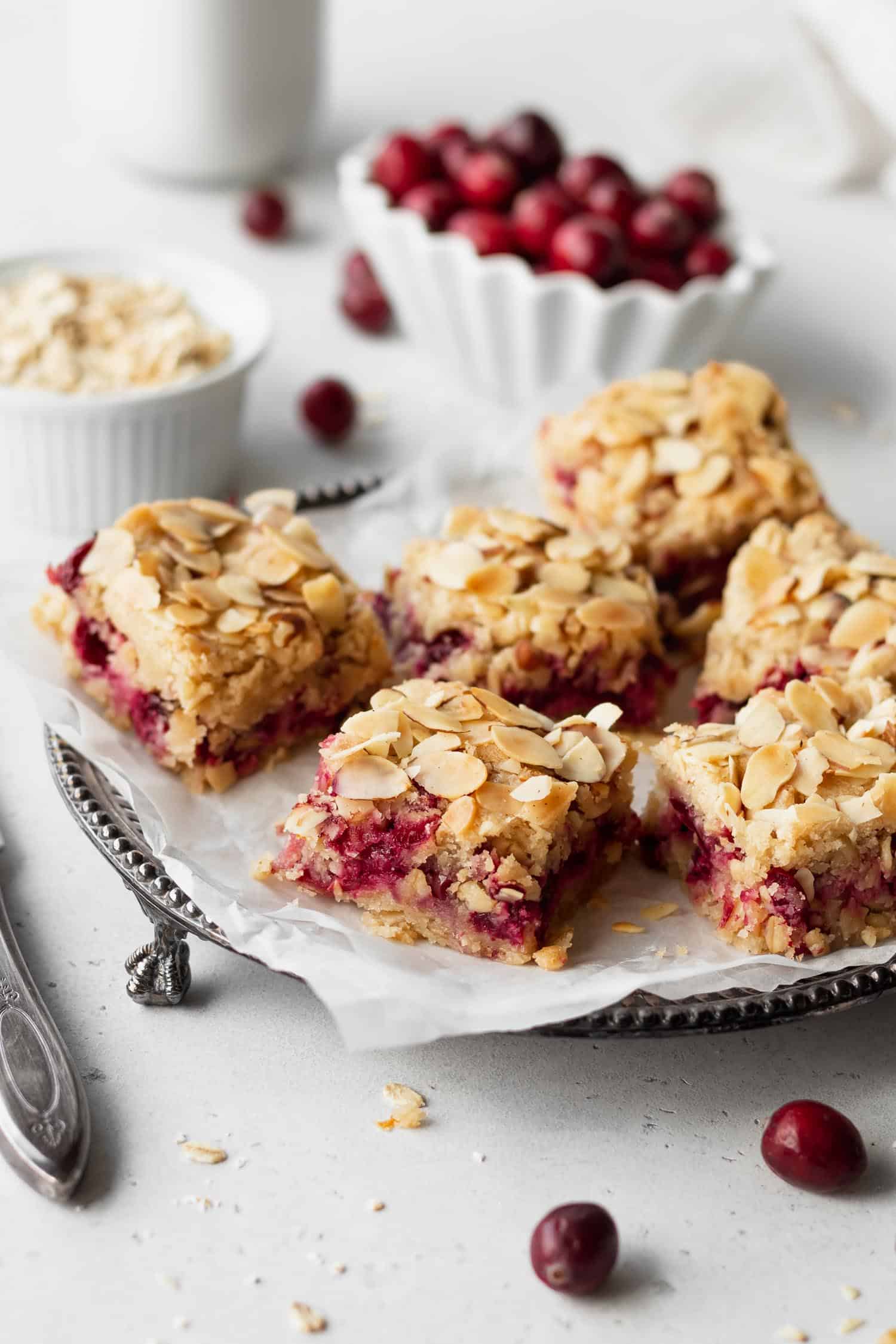 Oatmeal bars with cranberries on a platter
