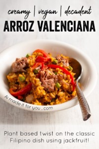 Vegan arroz valenciana is a plant based twist on the classic hearty Filipino dish using rice, coconut milk, jackfruit confit, and saffron! Full of flavor and vegetables, it tastes healthy yet creamy and decadent! #vegandinner #filipinofood #plantbasedmeal #meatlessmonday #coconutmilk