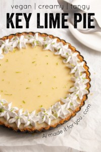 This vegan key lime pie is so creamy and tangy! With a crunchy graham cracker crust on the bottom and topped with rich coconut whipped cream, this plant-based dessert won’t have you missing the traditional key lime pie! #vegandessert #vegankeylimepie #keylimepie #nobakedessert #nobakepie #plantbaseddessert