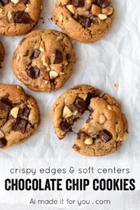 Does it get any more classic than chocolate chip cookies? These chocolate chip cookies are THE BEST with browned butter, dark chocolate chunks, and toasted hazelnuts! Crispy edges and soft chewy center, of course! #chocolatechipcookies #chocolatechunk #homemadecookies #darkchocolate #cookiecereal