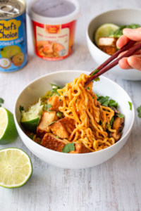 This vegan ramen is so creamy and spicy with a tang from the lime juice!