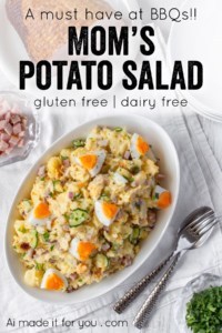 A good potato salad is a must-have at any BBQ! My mom’s potato salad is the best: Japanese style with a twist that’s low on mayo and has boiled eggs! #potatosalad #mom’spotatosalad #thebestpotatosalad #dairyfree #glutenfree #bbq #sidedish