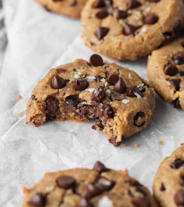 A bitten chocolate chip chickpea cookie