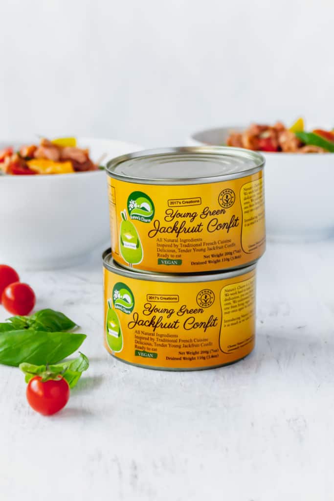 Nature’s Charm jackfruit confit is so savory and flavorful, and pairs so well with fresh tomatoes and basil