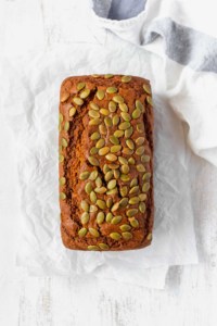Canned pumpkin and maple syrup keeps this loaf cake moist for days! Perfect fall time treat!
