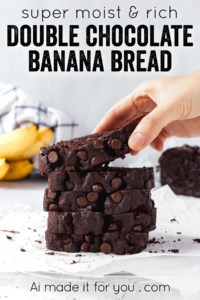 Somewhere between fudgy chocolate brownies and banana bread, this double chocolate banana bread is super moist, rich, and a killer recipe! #chocolatebananabread #doublechocolate #chocolatechips #moist #loafcake