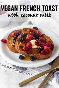 Vegan french toast is easy to make and shockingly delicious! Made with coconut milk and chickpea flour, it's perfect for breakfast or brunch! #veganfrenchtoast #veganbreakfast #veganbrunch #plantbasedmeals #frenchtoast