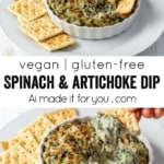 Vertical pin of vegan spinach artichoke dip.