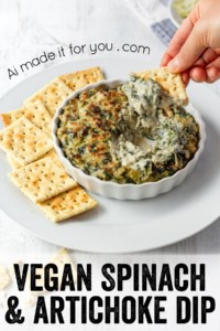 This vegan spinach and artichoke dip is dairy-free and gluten-free but full of creamy coconut milk, and cheesy cashews and nutritional yeast! #spinachdip #artichokedip #spinachandartichoke #dip #vegandip #veganappetizer #holidayappetizer