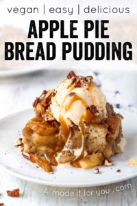 Vegan apple pie bread pudding is easy to make and perfect for breakfast during the holidays! Moist, fluffy, and full of apples and spices! #applepie #breadpudding #veganbreakfast #veganholidays #veganchristmas