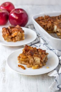 Vegan apple pie bread pudding is easy to make and perfect for breakfast during the holidays! Moist, fluffy, and full of apples and spices! #applepie #breadpudding #veganbreakfast #veganholidays #veganchristmas