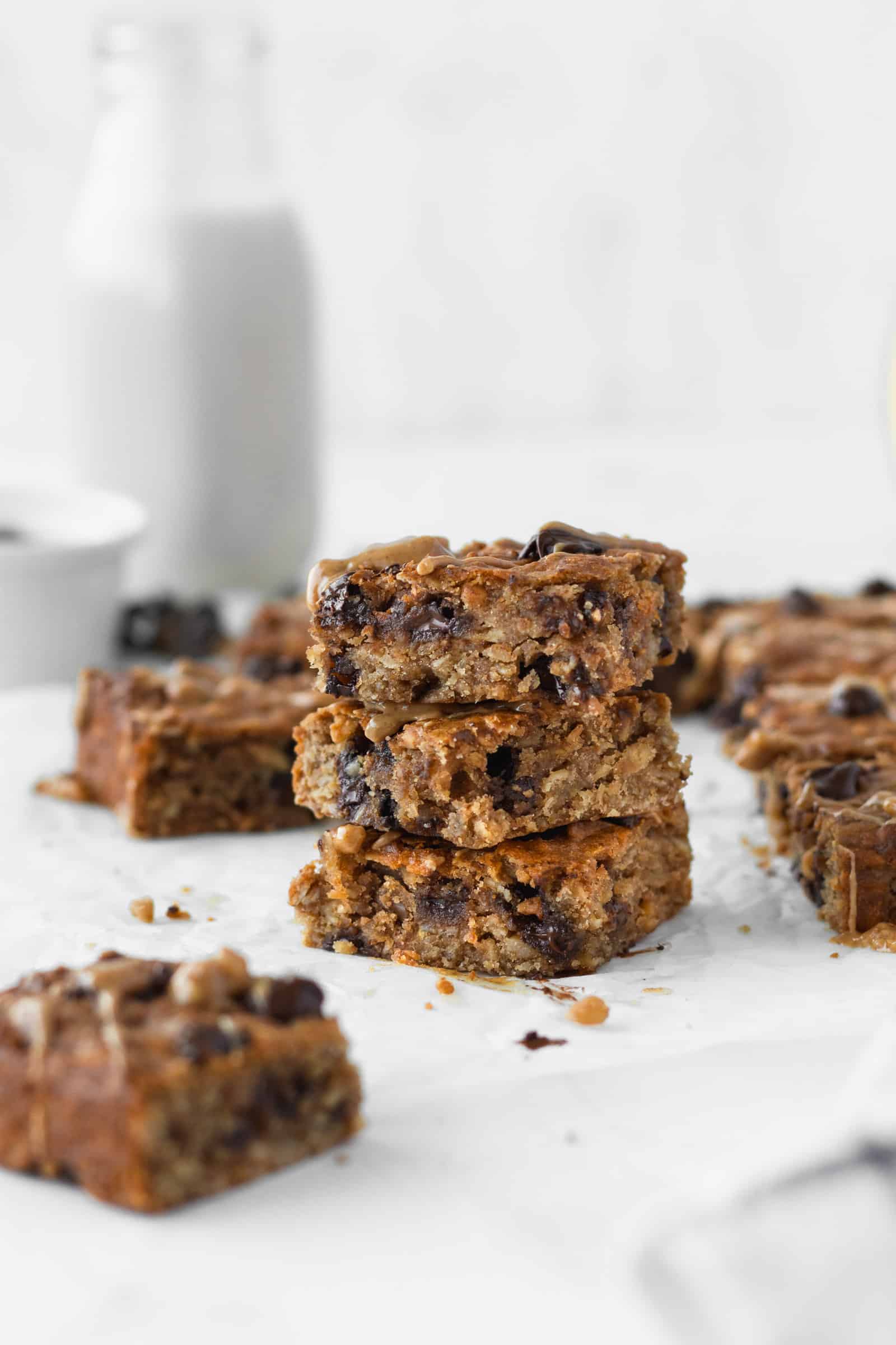 Stack of banana oat bars with chocolate chips