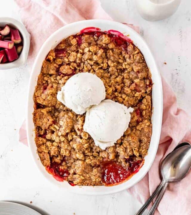 Gluten free and dairy free rhubarb crisp with two scoops of ice cream