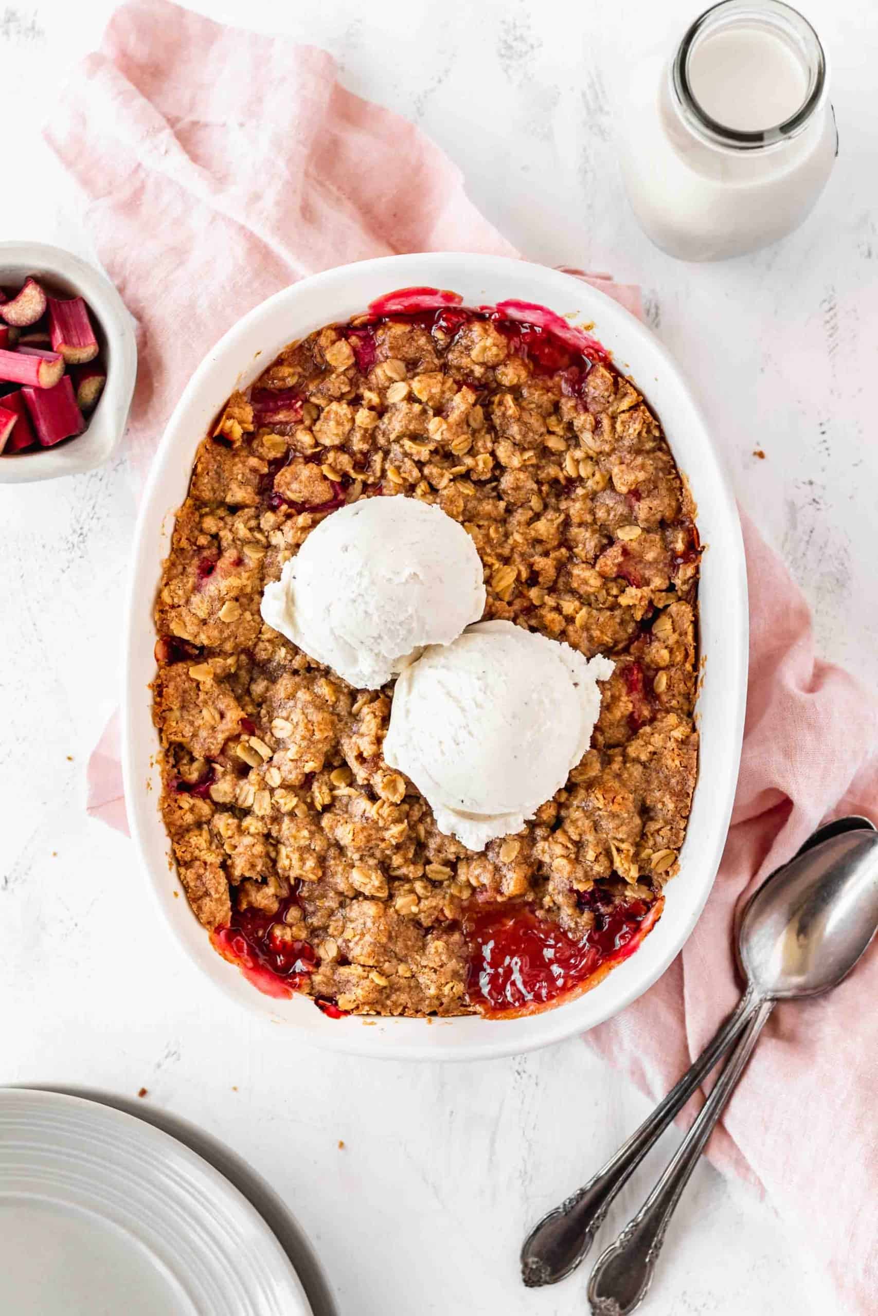 Gluten free and dairy free rhubarb crisp with two scoops of ice cream